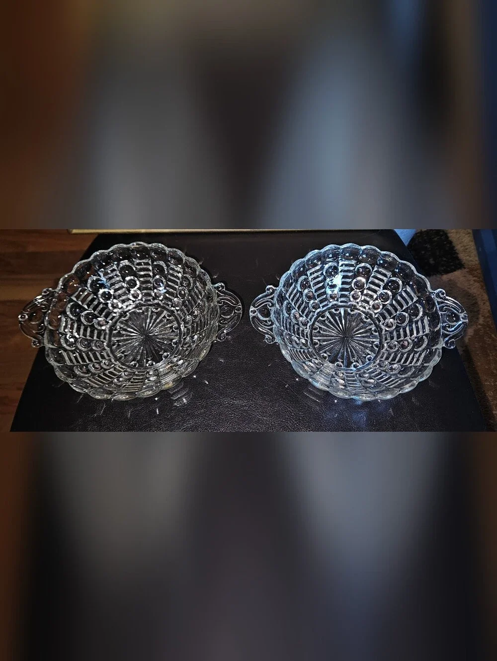 Set of 2 Vintage Anchor Hocking Clear Bubble Glass Serving Bowl W/Handles 7 1/2